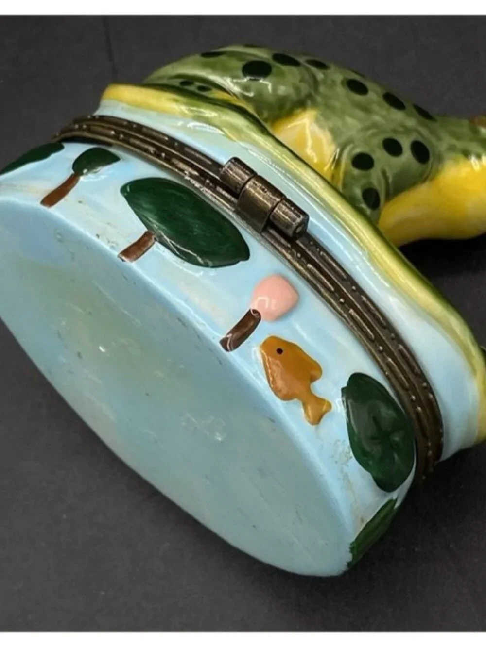 Frog Trinket Box Ceramic Spotted Frog on Lily Pad Oval Trinket Box